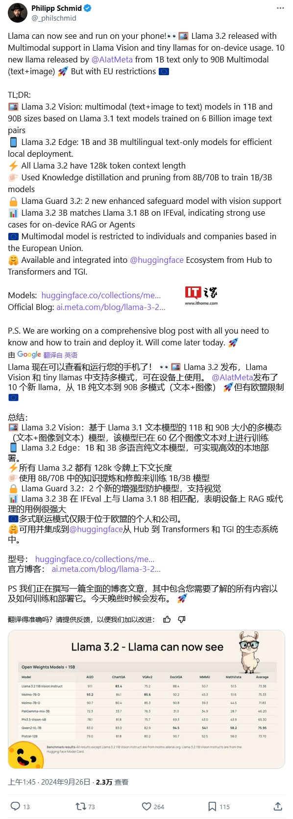 端侧最强开源 AI 模型 Llama 3.2 登场：可在手机运行，从 1B 纯文本到 90B 多模态，挑战 OpenAI 4o mini