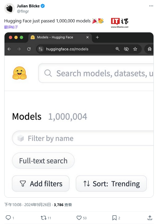 AI 产业繁荣缩影:Hugging Face 平台托管模型数量破 100 万 AI 产业繁荣缩影:Hugging Face 平台托管模型数量破 100 万