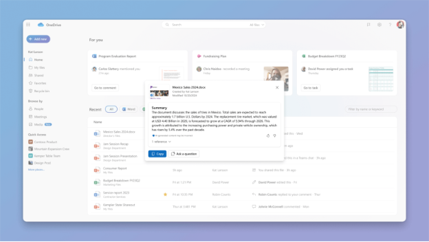 微软网页版 OneDrive 正式融合 Copilot：一键总结、多文件对比，AI 提高你的生产力