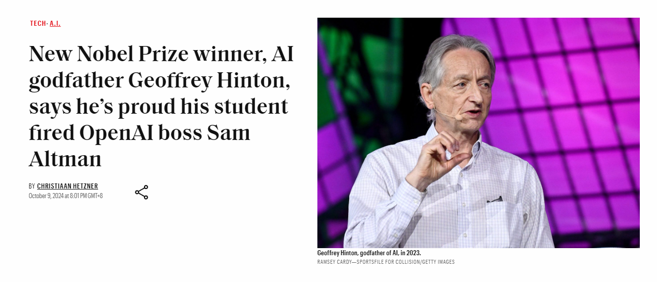 AI 教父、诺贝尔奖得主辛顿:我为我的学生解雇 OpenAI CEO 感到骄傲 AI 教父、诺贝尔奖得主辛顿:我为我的学生解雇 OpenAI CEO 感到骄傲