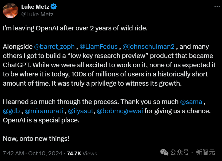 ChatGPT 幕后大佬、o1 推理模型作者 Luke Metz 官宣从 OpenAI 离职