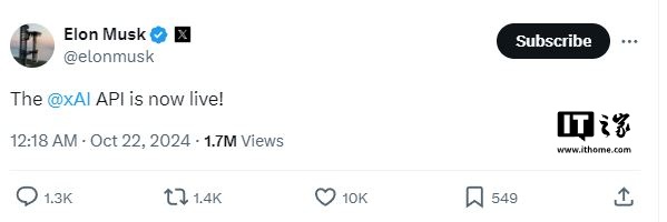 马斯克的 xAI 正式发布 API，开发者可将 Grok 集成到其他应用