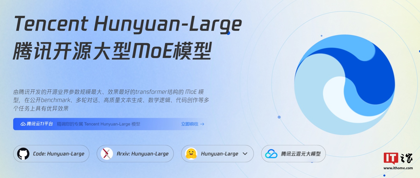 腾讯推出 Hunyuan-Large 大模型：389B 总参数，业界已开源基于 Transformer 的最大 MoE 模型