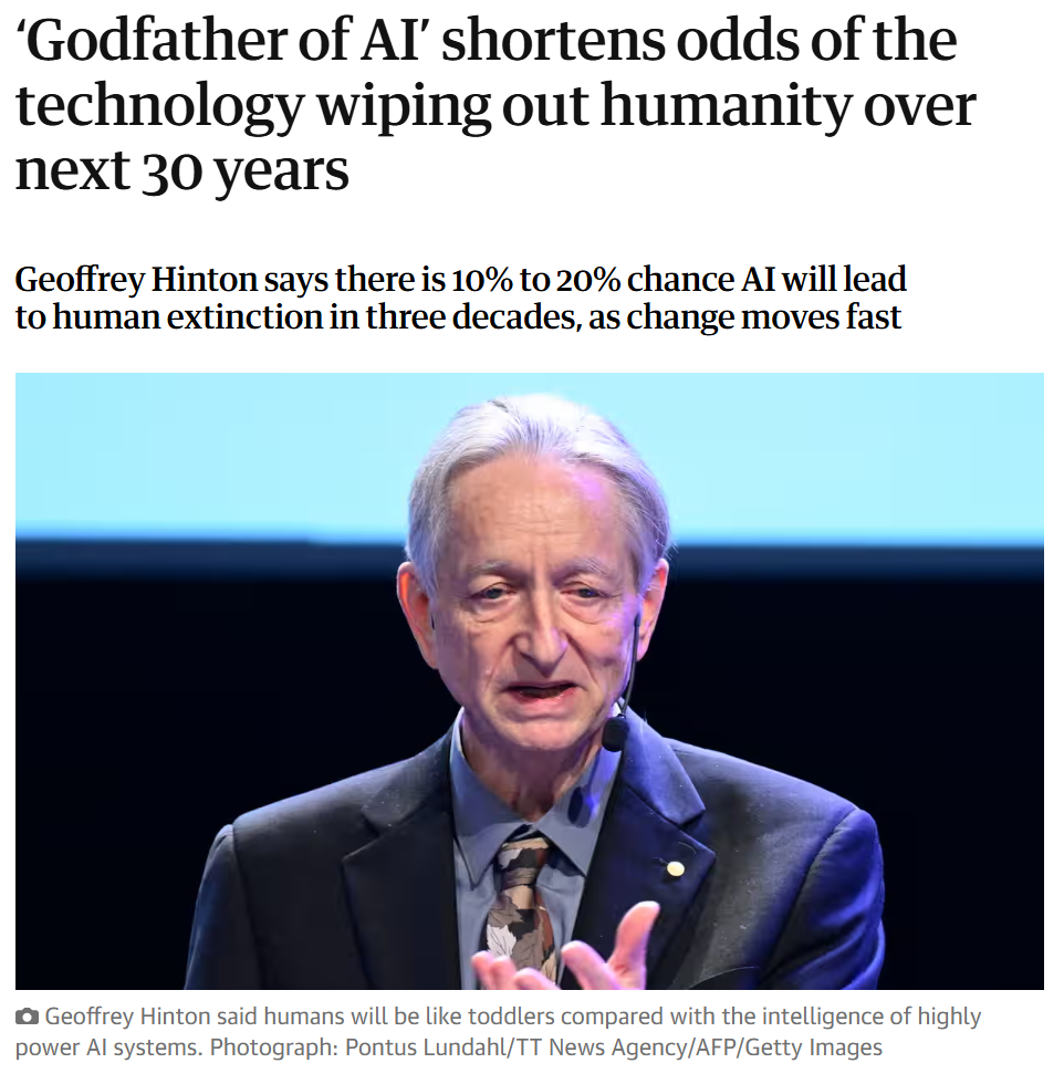 “AI 教父”杰弗里・辛顿:30 年内人工智能致人类灭亡几率达 10%~20% “AI 教父”杰弗里・辛顿:30 年内人工智能致人类灭亡几率达 10%~20%
