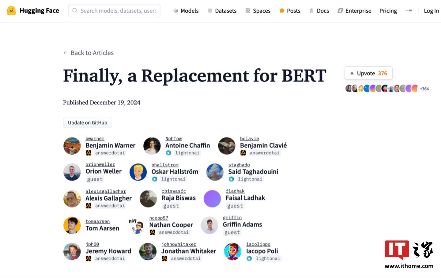 ModernBERT模型公布,接任“Hugging Face下载榜第二”2018年经典原版 ModernBERT 模型公布,接任“Hugging Face 下载榜第二”2018 年经典原版
