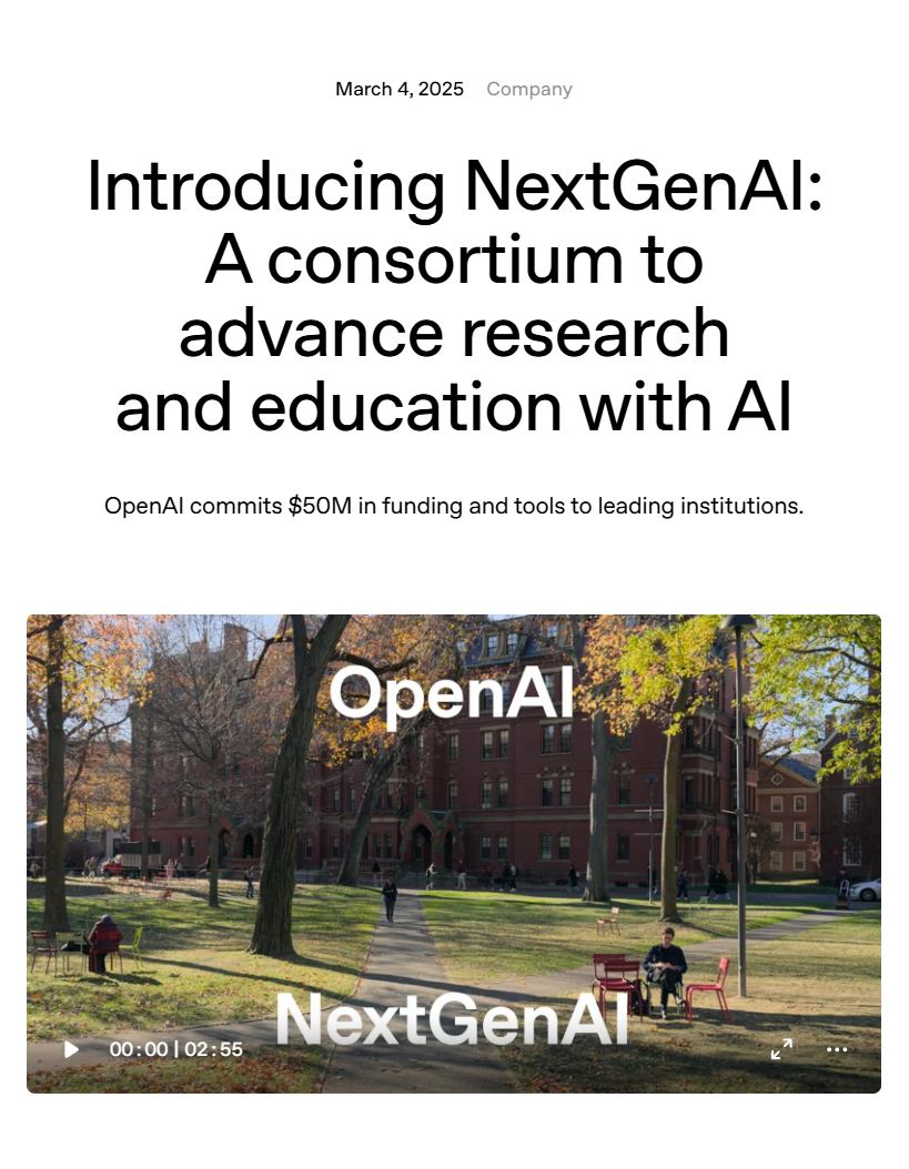 OpenAI 联合多所顶尖大学启动 NextGenAI 联盟,投入 5000 万美元来推动教育革新 OpenAI 携手十余所顶尖大学启动 NextGenAI 联盟,豪掷 5000 万美元推动教育变革