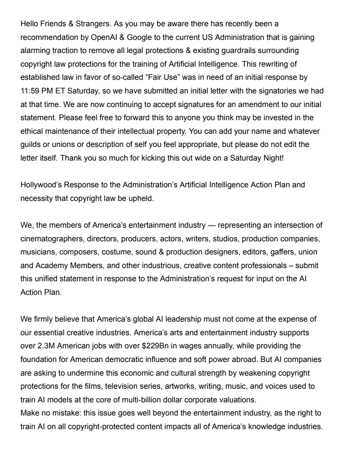 超 400 位明星签署联名信：反对 OpenAI 和谷歌随意使用版权内容训练 AI