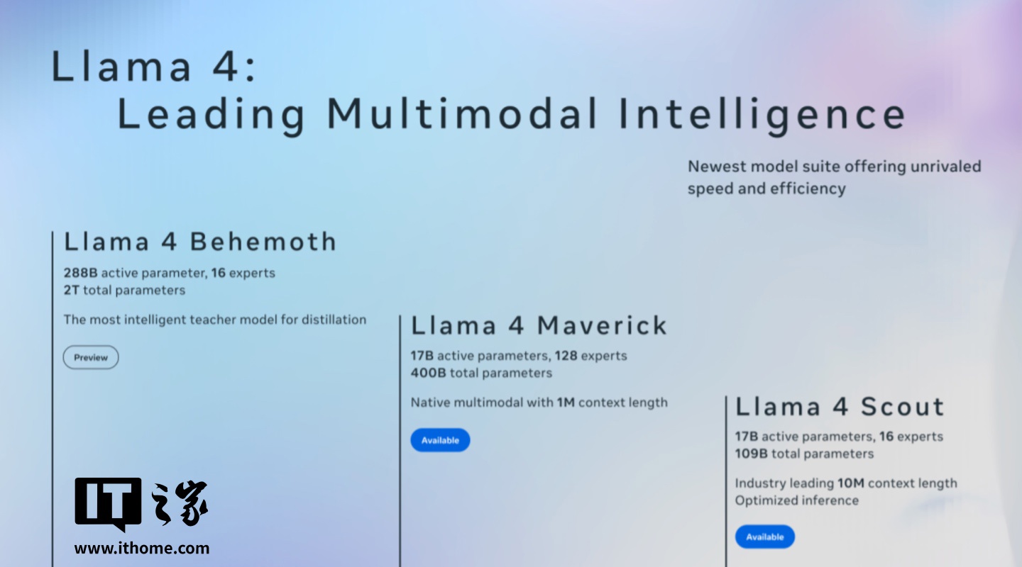 Meta 发布 Llama 4 系列 AI 模型,引入“混合专家架构”提升效率 Meta 发布 Llama 4 系列 AI 模型,引入“混合专家架构”提升效率