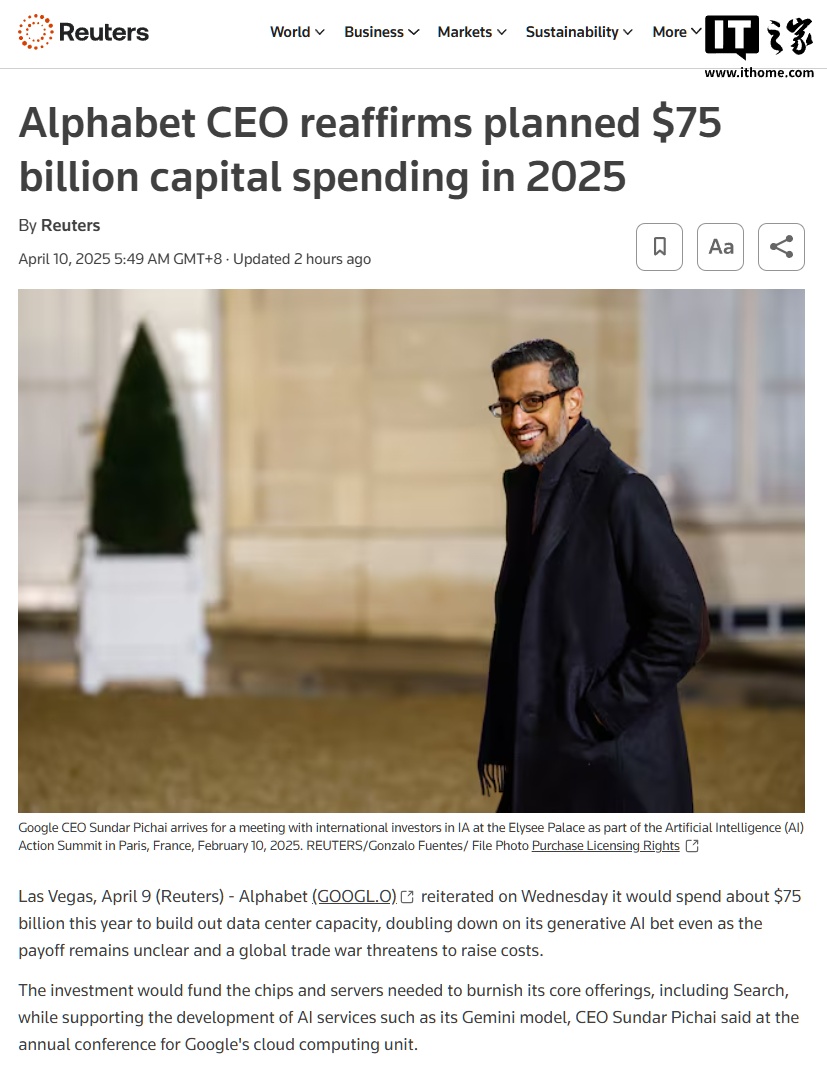 谷歌重申今年 750 亿美元资本支出计划:斥巨资购买芯片、服务器,持续押注生成式 AI 谷歌重申今年 750 亿美元资本支出计划:斥巨资购买芯片、服务器,持续押注生成式 AI