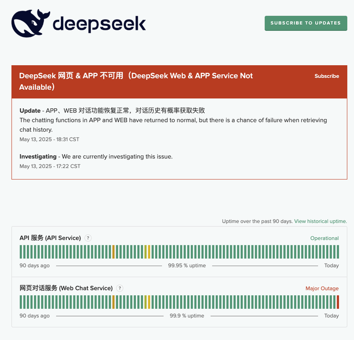 (DeepSeek 对话功能恢复) (更新:对话功能恢复正常)DeepSeek 出现服务问题,登录失败、无法对话